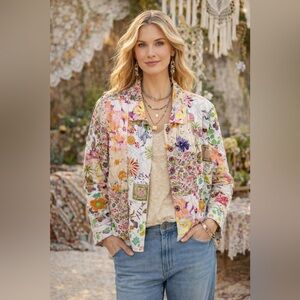 Vintage Floral Patchwork Quilted Jacket Boho Artsy Whimsical Grandma Cottagecore